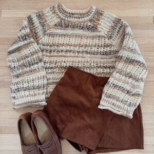 Cropped Knit Striped Sweater with Mock Turtleneck - Cream and Brown
